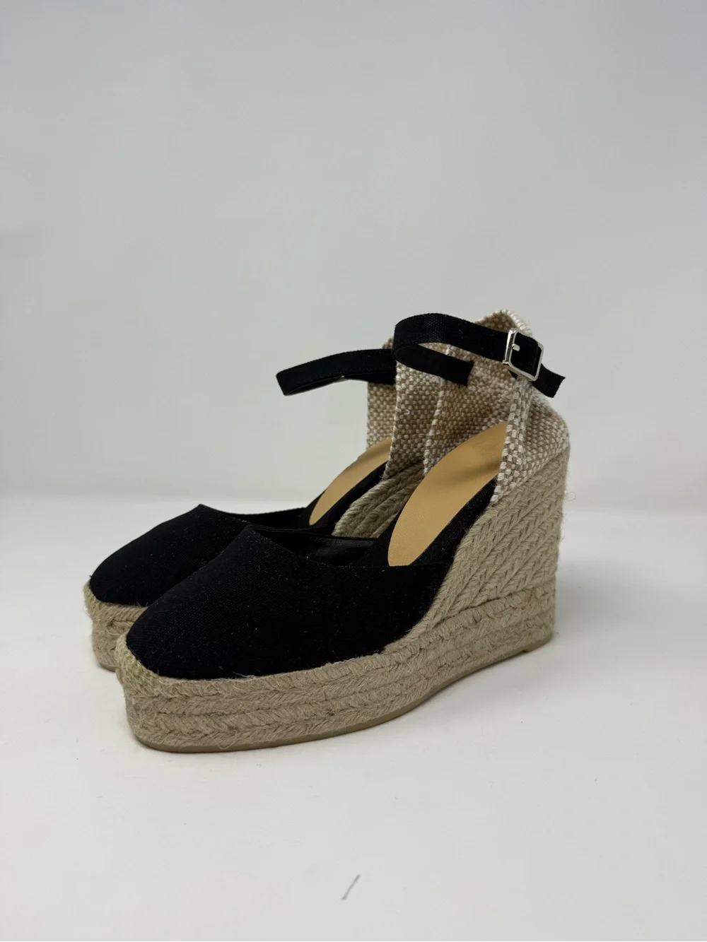Castaner Black Canvas Espadrille Wedge Sandals with Ankle Strap
